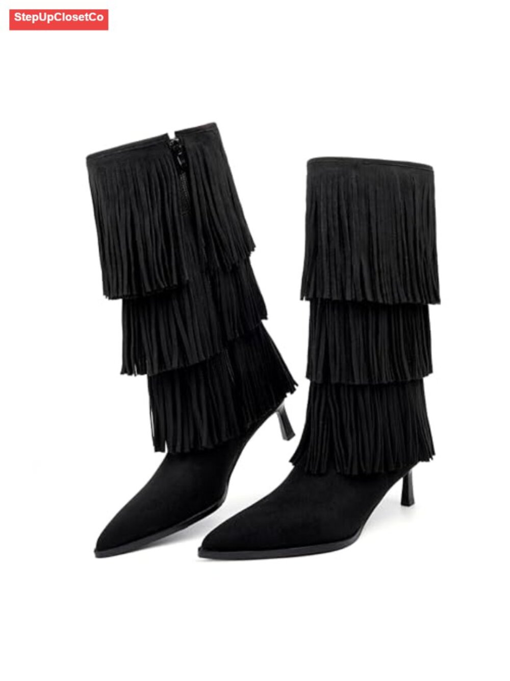 Suede Fringe Kitten Heel Pointed Toe Mid Calf Western Boots